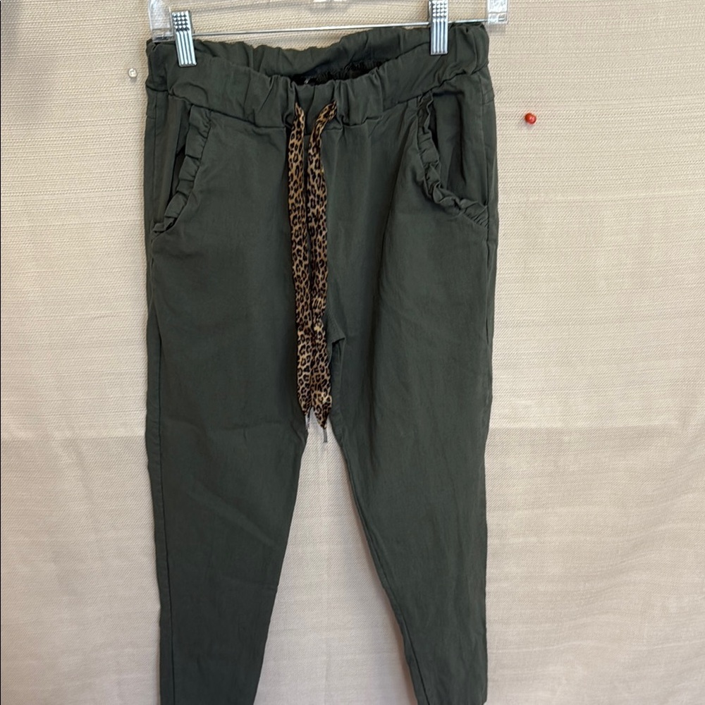Olive Green Women's Pants with Leopard Print Tie - Picture 3 of 4